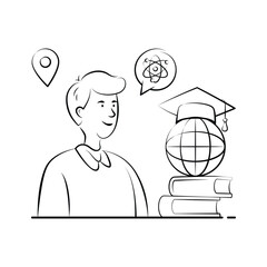 Student learning global studies with graduation cap and globe.
