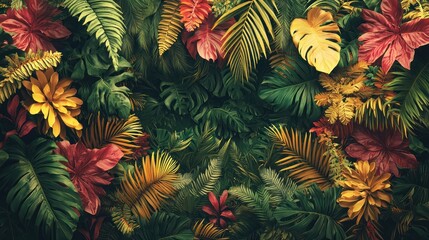 Naklejka premium Lush tropical foliage background with vibrant green, yellow, and red leaves.