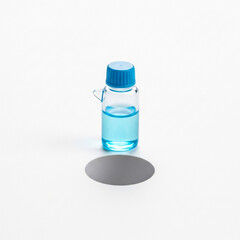 Clear glass vial with bright blue liquid and cap, isolated on a clean white background.