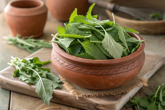 Fresh Bathua Leaves (Chenopodium) in Clay Pot &ndash; Traditional Indian Leafy Vegetable"