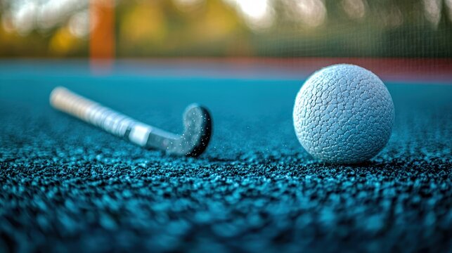 Hockey ball and stick on court, outdoor game