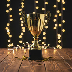 Celebrate ultimate achievement with a gleaming golden trophy on a rustic wooden surface, sparkling with festive lights.