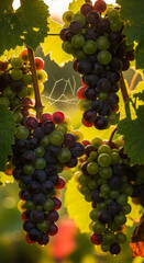 Luscious ripe grapes hang heavy on vines bathed in golden hour sunlight, hinting at harvest.