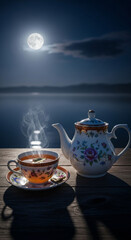 Steaming cup of tea beside ornate teapot on wooden table under full moon glow by tranquil lake