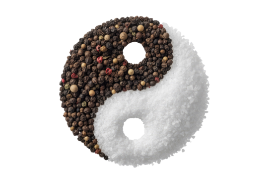 Yin and yang symbol created with peppercorns and salt. background removed