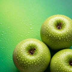 Crisp green apples glistening with fresh water droplets offer a vibrant, healthy, and refreshing visual.