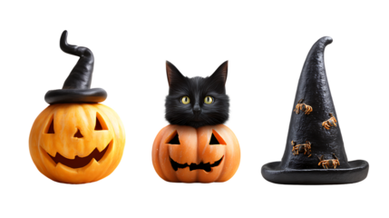 Halloween pumpkin with black cat and witch hat isolated on transparent background