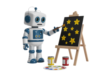 A cute robot artist paints yellow stars on a black canvas using a paintbrush. background removed