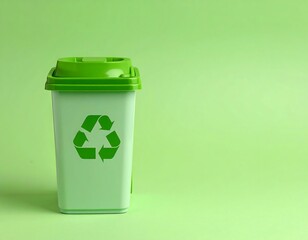 Small light green recycling bin on a bright green background