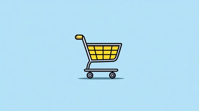 A minimalist illustration of a yellow shopping cart on a light-blue background, featuring a simple design with black outlines and a subtle drop shadow