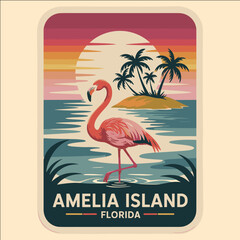 Pink flamingo standing in tropical ocean water with island, palm trees, and sunset background in retro vintage travel illustration