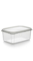 Clear rectangular food storage container with white lid, perfect for kitchen organization and meal prep