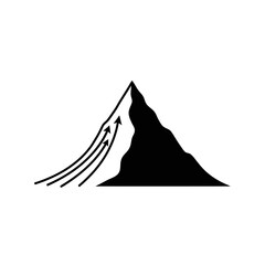 Fototapeta premium Stylized black mountain peak icon with upward arrows, representing progress, challenge, and achievement.