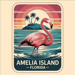Pink flamingo standing in tropical ocean water with island, palm trees, and sunset background in retro vintage travel illustration
