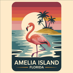 Pink flamingo standing in tropical ocean water with island, palm trees, and sunset background in retro vintage travel illustration