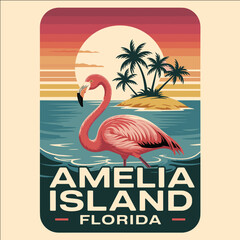 Pink flamingo standing in tropical ocean water with island, palm trees, and sunset background in retro vintage travel illustration