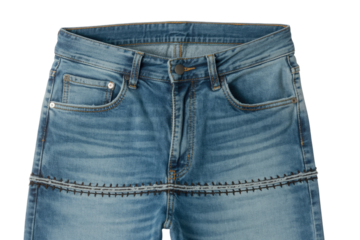 Close-up of light blue jeans with unique double stitched detail. background removed