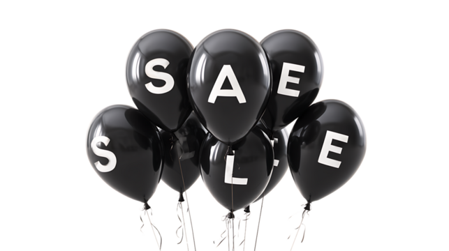 Black balloons with the word sale printed on them, isolated on transparent background - Powered by Adobe