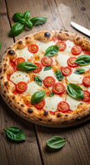 Savor a steaming hot, gourmet Margherita pizza with fresh basil and juicy tomatoes on rustic wood