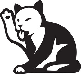 Cat washing paw silhouette vector art, Kitten licking paw black and white design