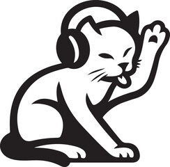 Cat wearing headphones licking paw vector, Cute kitten music illustration design