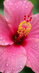 Vibrant pink hibiscus bloom glistening with fresh water droplets, perfect for nature and beauty themes