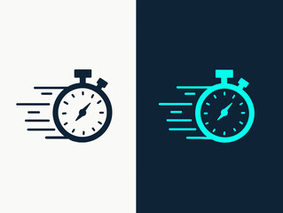 Illustration showing two stopwatches with motion lines on a split background in contrasting colors