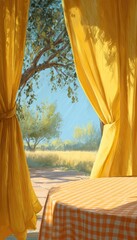 Sunlit patio scene viewed through parted yellow curtains, revealing a checkered tablecloth on a table, overlooking a tranquil landscape of trees and a golden field under a clear sky