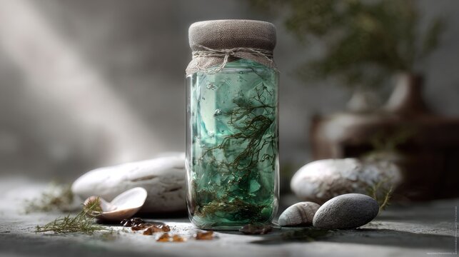 Glass jar herbs spa stones styled wellness product lifestyle advertising composition