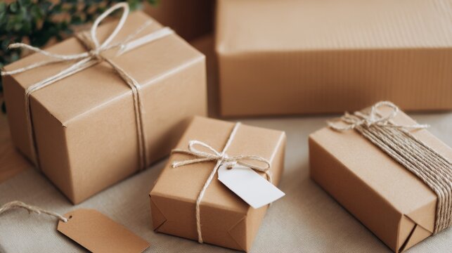 Cardboard parcel boxes rustic styled shipping lifestyle advertising product composition