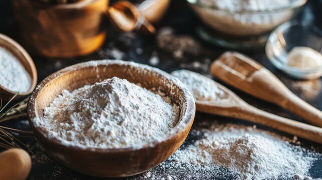 Flour bowl wooden spoon rustic styled bakery lifestyle advertising product composition