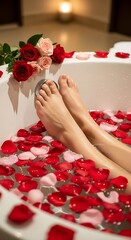 Relaxing feet soaking in a rose petal-filled bathtub, bathed in soft light.