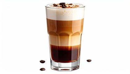 Layered coffee drink in a tall glass, topped with foam and coffee beans