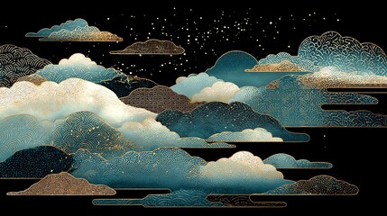 An ethereal landscape depicts stylized clouds in varying shades of teal and blue, outlined with delicate gold filigree, evoking a sense of tranquility and dreamlike wonder against a dark backdrop.