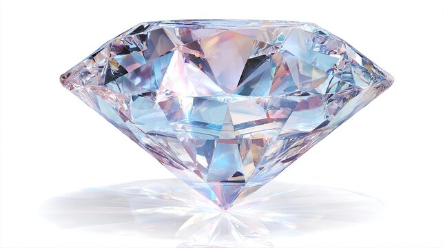 A brilliant-cut gemstone, exhibiting pastel iridescence and a subtle reflection on a stark white background.  Its facets capture and refract light, showcasing internal brilliance