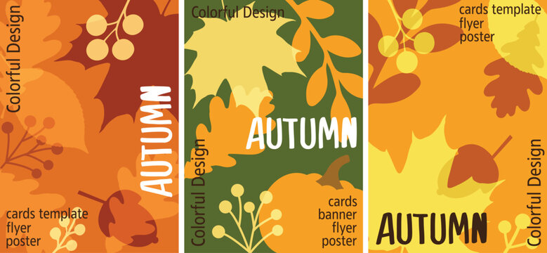 Colorful autumn poster set with falling leaves, berries, and seasonal patterns. Perfect for flyers, banners, greeting cards, and seasonal promotions in fall colors, Thanksgiving day background