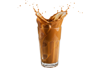 Isolated ice coffee drink splashing upwards in a clear glass, refreshment beverage, macro shot