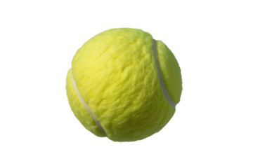 A single, fuzzy yellow tennis ball floats against a transparent background. background removed