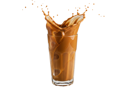 Isolated ice coffee drink splashing upwards in a clear glass, refreshment beverage, macro shot