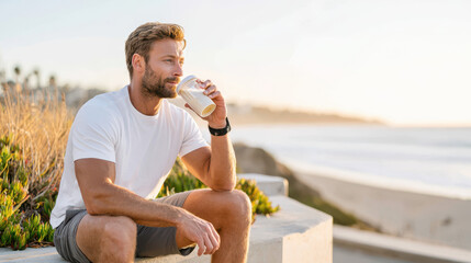 Young man enjoying a coffee beverage while seated by the beach during sunset, surrounded by coastal plants and ocean view