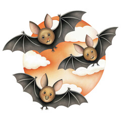 Obraz premium Halloween Retro 80s Cute cartoon bats flying with expressive faces against a colorful moon and clouds.