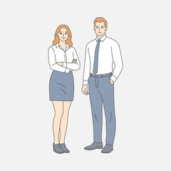 Illustration of a confident man and woman in formal business attire standing side by side