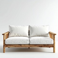 A minimalist two-seater sofa with a light wood frame and off-white cushions, set against a plain white background