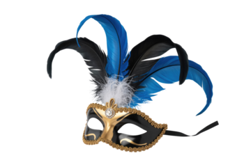Elegant black and gold masquerade mask adorned with blue and black feathers. background removed