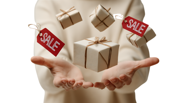 Hands holding floating gift boxes with sale tags isolated on transparent background