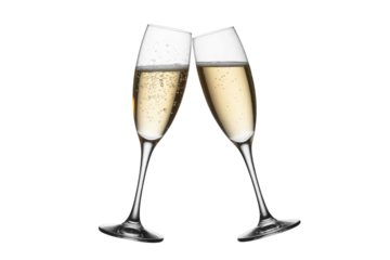 Two champagne flutes clinking, filled with bubbly golden liquid, against a transparent background. background removed