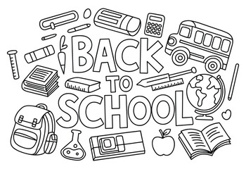 Back to school doodle illustration with books, pencils, school bus, globe, and stationery in hand drawn sketch style education design