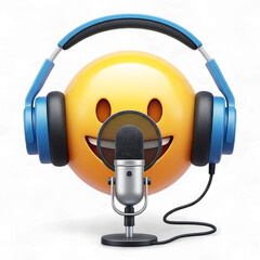 Emoji character with headphones and microphone isolated on transparent background is singing