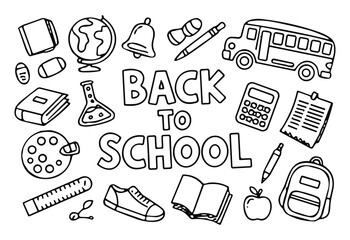Back to school doodle illustration with books, pencils, school bus, globe, and stationery in hand drawn sketch style education design