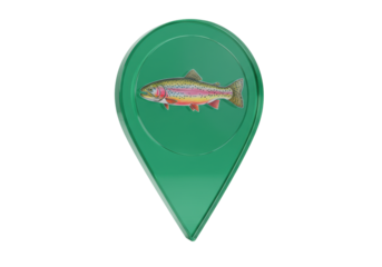 Isolated map pointer graphic featuring a trout, fishing location pin vector illustration
